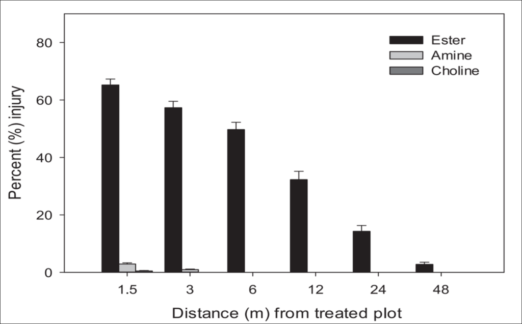 Effects of 2,4-D formulation and distance (m) from the treated plots on maximum cotton injury (%) for the 0 to 48 hour exposure period at 21 and 28 days after application.